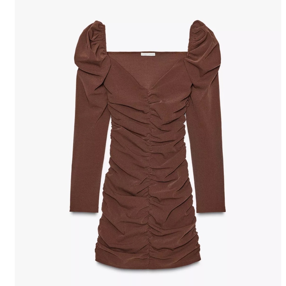 Zara NWT brown long sleeve mini ruched dress - Picture 8 of 10